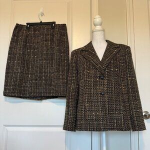 Le Suit Petite Brown & Gold Tweed Blazer Skirt Set Size 16P Vtg GrannyCore